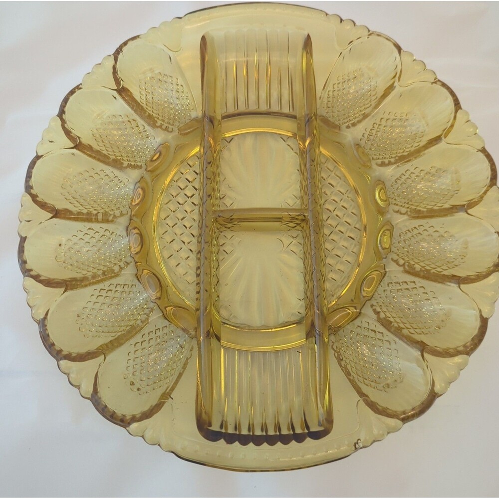 Vintage L.E. Smith Deviled Egg Relish Platter Plate Tray Amber 10.75”